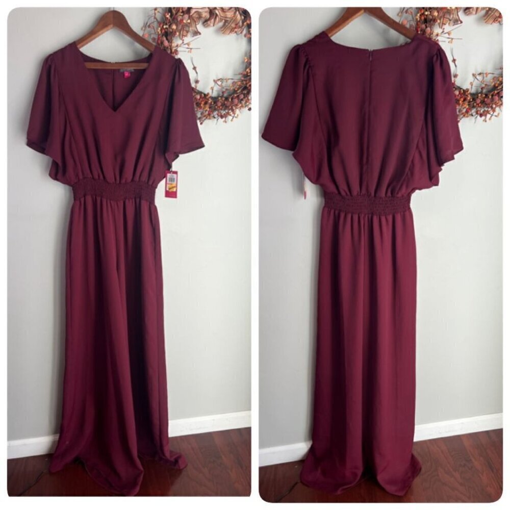 Vince Camuto Womens Chiffon Wide Leg Jumpsuit SMALL Crisp Merlot Flutter Sleeve